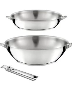 Cuisinox Casseroles 1 Wok Inox 28cm, 1 Poêle Inox 24cm, 1 Poignée Amovible En Acier Inoxy