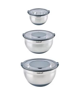 Mastrad Ustensiles De Cuisine Et De Pâtisserie Lot De 3 Bols Mélangeurs En Inox Avec Base Antidérapant Gris