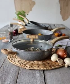 Menastyl Poêles Et Wok Sauteuse Avec Couvercle Et Poignées En Aluminium Et Bois 24 Cm -Poêles et wok Soldes sauteuse avec couvercle et poignees en aluminium et bois 24 cm 3