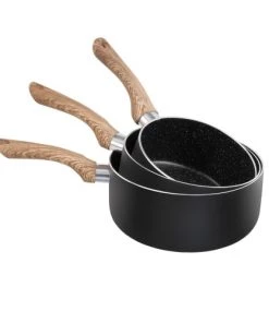 Livoo Set 3 Casseroles Aspect Pierre Et Bois En Aluminium Noir