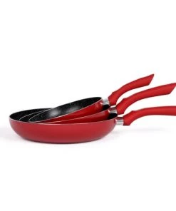 Livoo Poêles Et Wok Set De 3 Poêles Aspect Pierre En Aluminium Rouge Bordeaux