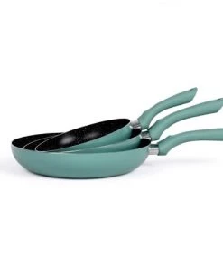 Livoo Poêles Et Wok Set De 3 Poêles Aspect Pierre En Aluminium Vert