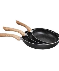 Livoo Poêles Et Wok Set De 3 Poêles Aspect Pierre Et Bois En Aluminium Noir