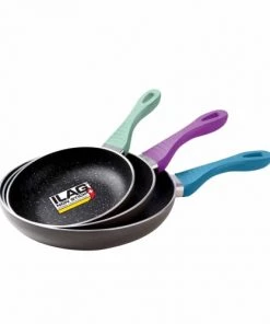 Livoo Poêles Et Wok Set De 3 Poêles Aspect Pierre Ilag En Aluminium Gris