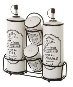 Wadiga Ustensiles De Cuisine Et De Pâtisserie Set Huile, Vinaigre, Poivre Et Sel Avec Support En Métal Noir