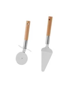 Wadiga Ustensiles De Cuisine Et De Pâtisserie Spatule + Roulette à Pizza En Bois Hêtre Et Métal Chromé