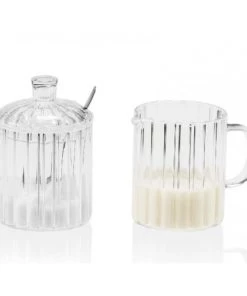 Wadiga Ustensiles De Cuisine Et De Pâtisserie Sucrier + Pot à Lait En Verre Strié Transparent