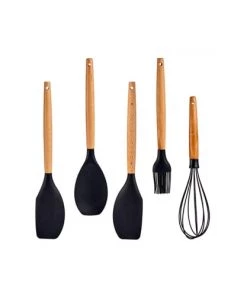 Wadiga Ustensiles De Cuisine Et De Pâtisserie Ustensiles De Cuisine Manche En Bois Et Polypropylène Noir - Lot De 5